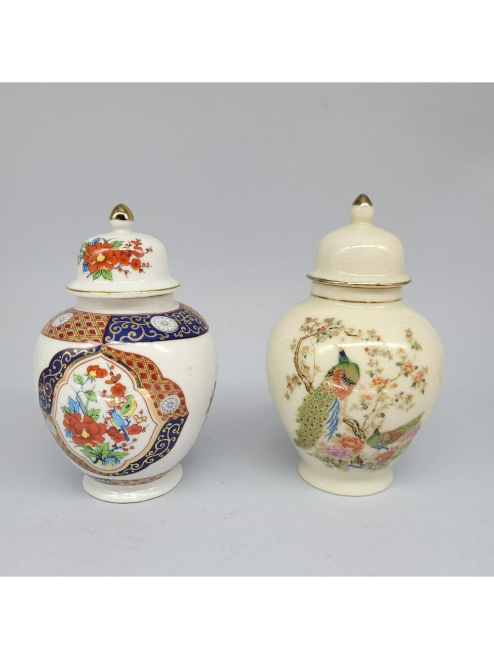 Vintage Japanese Ginger Jars With Floral & Kutani-style Pheasan Designs Set Of 2